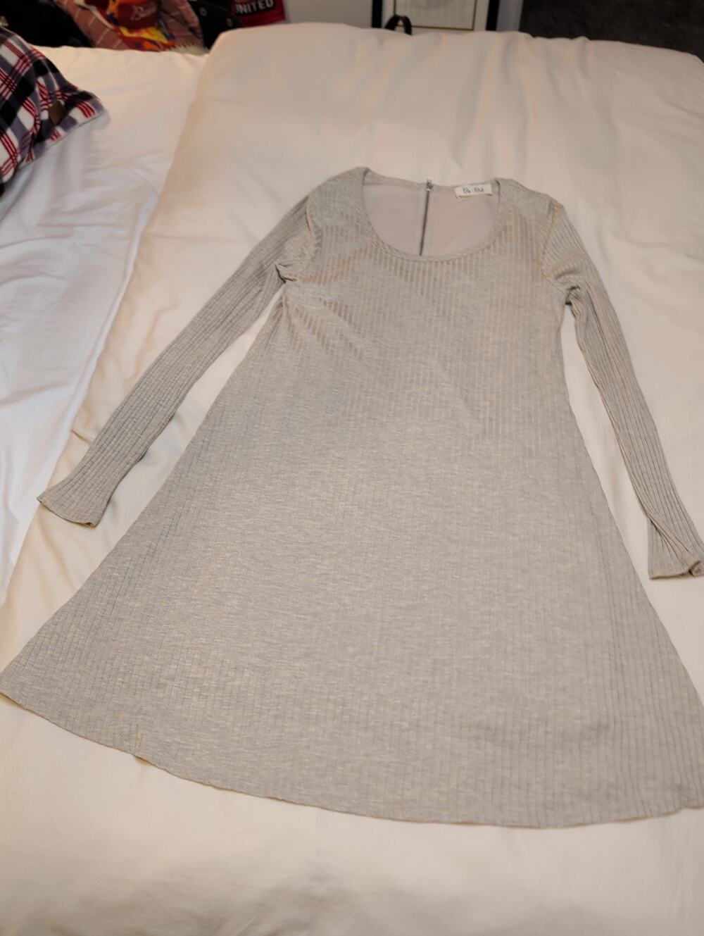 Bo.Bel Ribbed Knit Dress Long Sleeve Fit Flare Mini Tan Beige Back Zipper Casual
